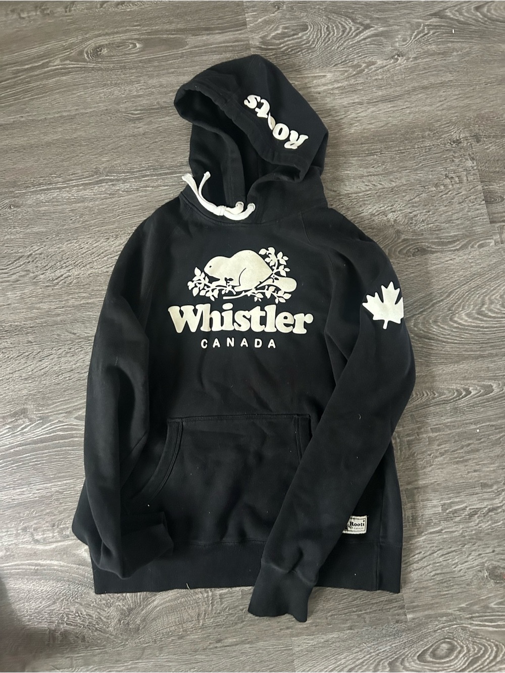 Roots Black Hoodie with Cream Whistler Canada Logo